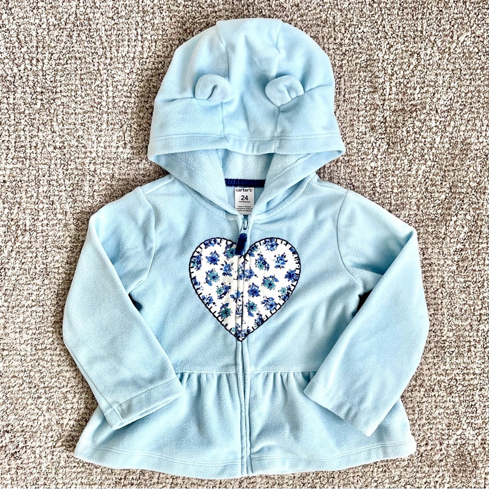 Carter’s | Hooded Fleece Zip-Up Jacket in Light Blue with Heart Design